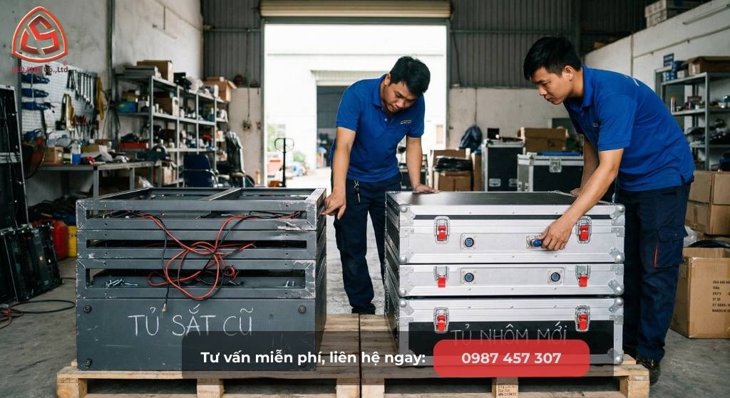 So sánh Màn Hình LED Cố Định Và Di Động với cabinet sắt và cabinet nhôm đúc tại kho thi công thực tế