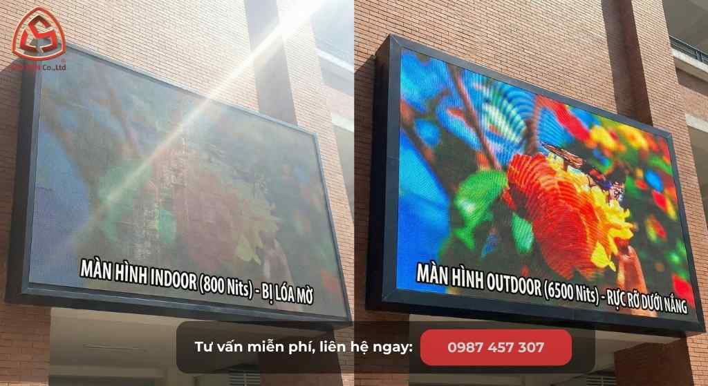 So sánh màn hình LED Indoor và Outdoor dưới ánh nắng mặt trời – màn hình Indoor bị lóa, Outdoor hiển thị rõ nhờ độ sáng Nits cao